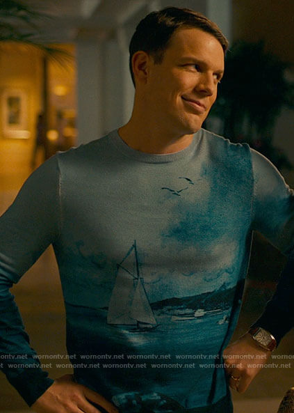 Shane's blue sailboat print sweater on The White Lotus