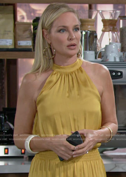 Sharon's yellow smocked waist dress on The Young and the Restless