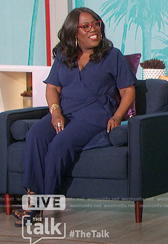 Sheryl’s navy wrap top and pants on The Talk