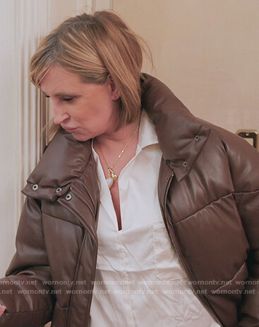 Sonja's brown leather puffer jacket on The Real Housewives of New York City