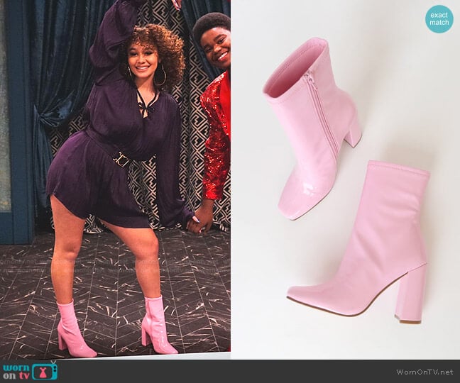 Fulton Pink Patent Square Toe Mid-Calf Boots by Steve Madden worn by Jade (Talia Jackson) on Family Reunion