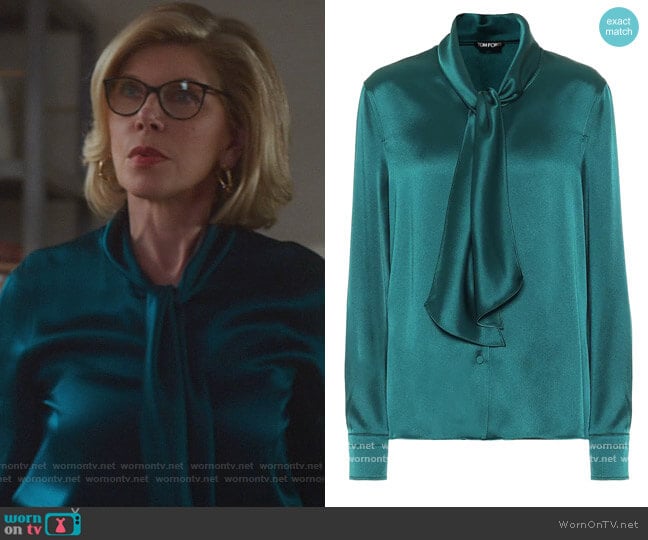 Tie-neck satin Blouse by Tom Ford worn by Diane Lockhart (Christine Baranski) on The Good Fight