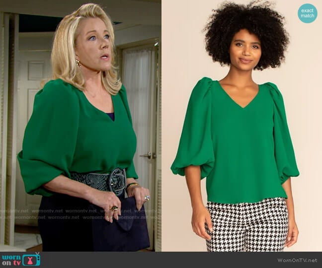 Trina Turk Danise Top in Green worn by Nikki Reed Newman (Melody Thomas-Scott) on The Young and the Restless