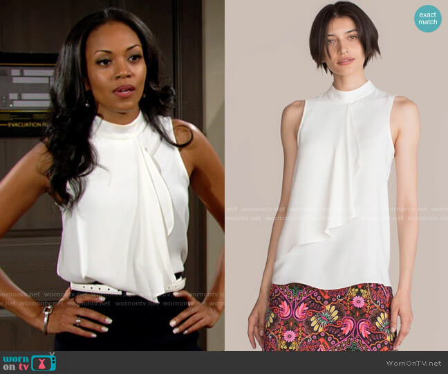 WornOnTV: Amanda’s white sleeveless ruffle front top on The Young and ...