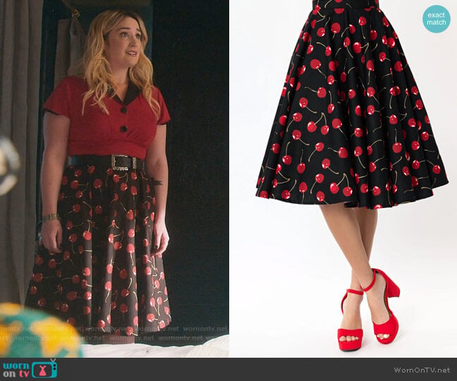 Magnolia Place 1950s Black & Red Cherry Print Swing Skirt by Unique Village worn by Davia (Emma Hunton) on Good Trouble