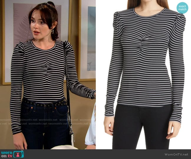 Veronica Beard Beanie Stripe Puff Sleeve Top worn by Tessa Porter (Cait Fairbanks) on The Young and the Restless