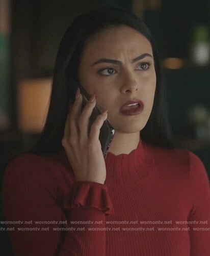 Veronica’s red ribbed mock neck sweater on Riverdale