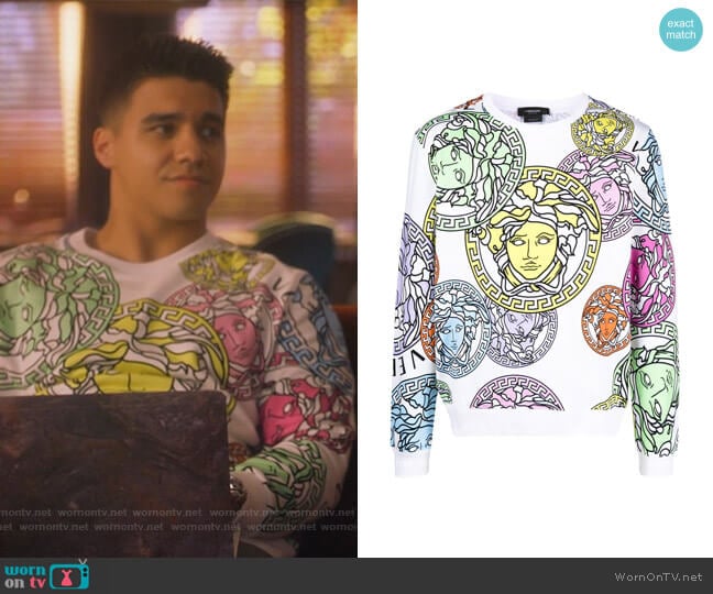 Medusa-print sweatshirt by Versace worn by Vivek Shah (Jordan Buhat) on Grown-ish