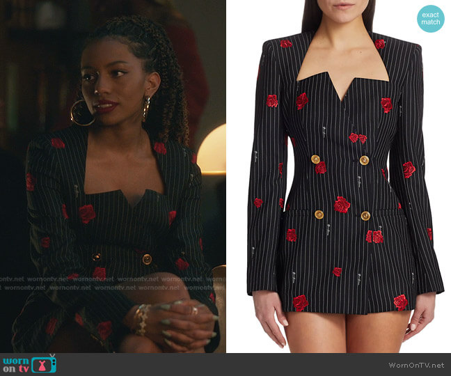 Rose-Print Pinstripe Double Breasted Jacket by Versace worn by Monet de Haan (Savannah Lee Smith) on Gossip Girl