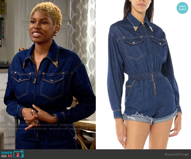 Versace Western Hardware Denim Romper worn by Paris Buckingham (Diamond White) on The Bold and the Beautiful