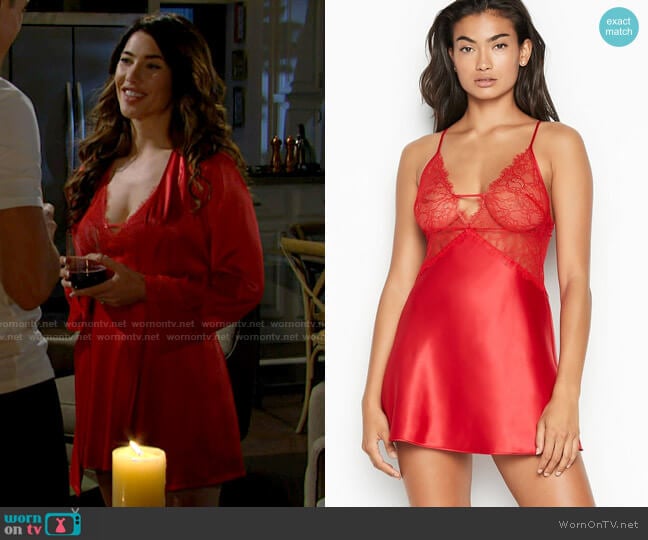 Victorias Secret Lace Plunge Slip worn by Steffy Forrester (Jacqueline MacInnes Wood) on The Bold and the Beautiful