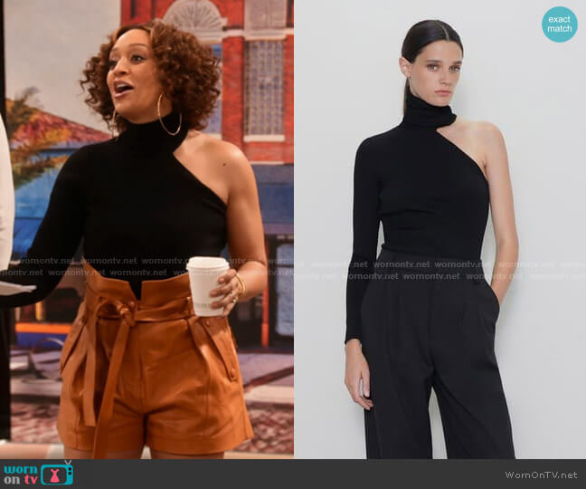 WornOnTV: Cocoa’s black one-shoulder top and paperbag waist leather ...