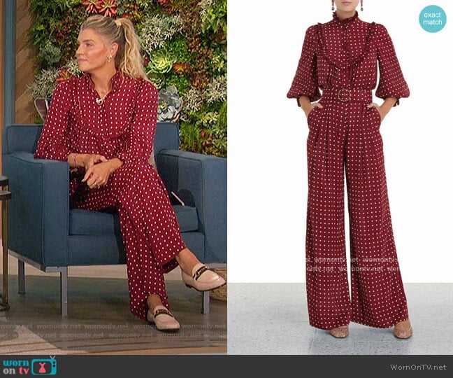 Ruffled high-neck polka-dot satin blouse and pants by Zimmermann worn by Amanda Kloots on The Talk