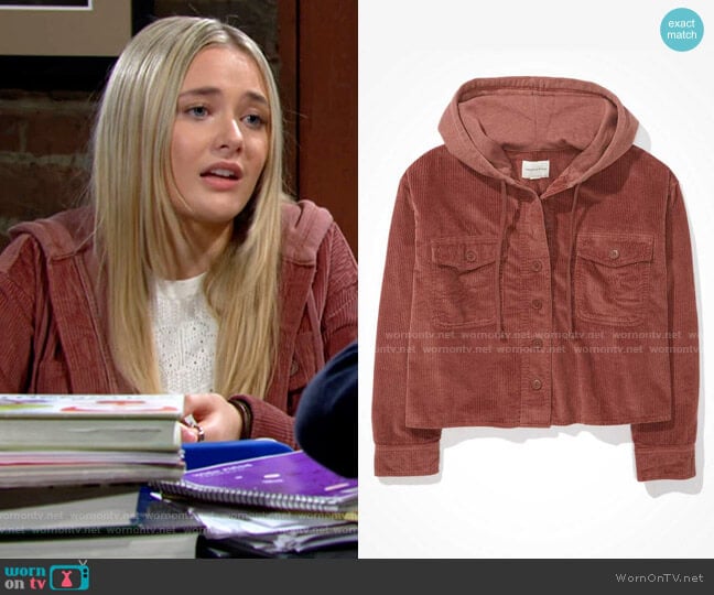 AE Cropped Corduroy Hooded Shirt Jacket worn by Faith Newman (Reylynn Caster) on The Young and the Restless