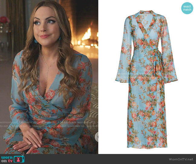 Alessandra Floral Silk Wrap Robe by Adriana Iglesias worn by Fallon Carrington (Elizabeth Gillies) on Dynasty