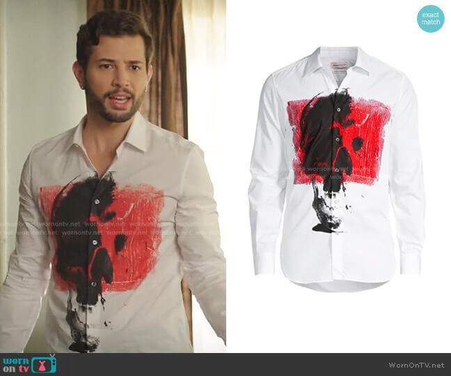 Skull-Print Slim-Fit Shirt by Alexander McQueen worn by Sam Flores (Rafael de la Fuente) on Dynasty