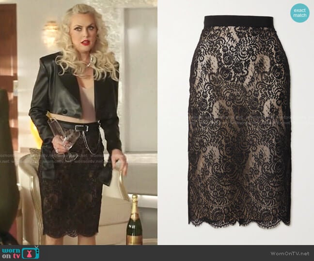 High-Waisted Lace Pencil Skirt by Alexander McQueen worn by Alexis Carrington (Elaine Hendrix) on Dynasty