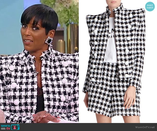 Button-detailed gingham cotton-blend tweed blazer by Balmain worn by Tamron Hall on Tamron Hall Show