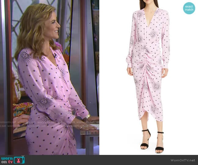 Aria Ruched Sun Print Long Sleeve Midi Dress by Birgitte Herskind worn by Natalie Morales on Today