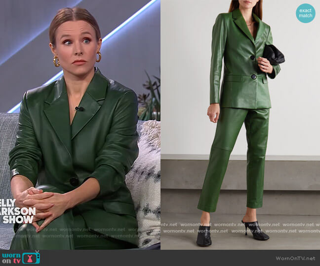 Amina leather blazer and pants by Bouguessa worn by Kristen Bell on The Kelly Clarkson Show