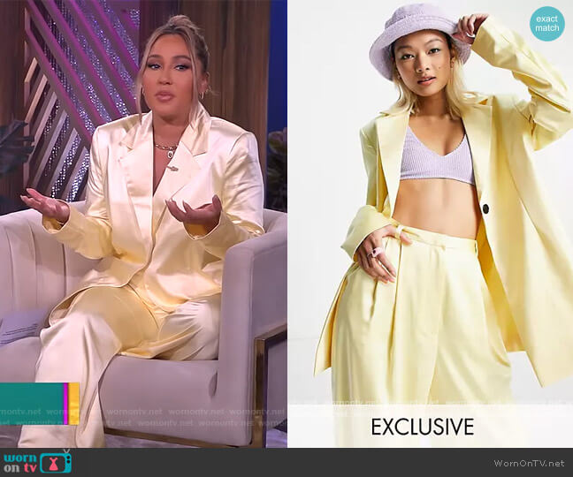 Satin Blazer with Belt and Pants in yellow by Collusion worn by Adrienne Houghton on The Real