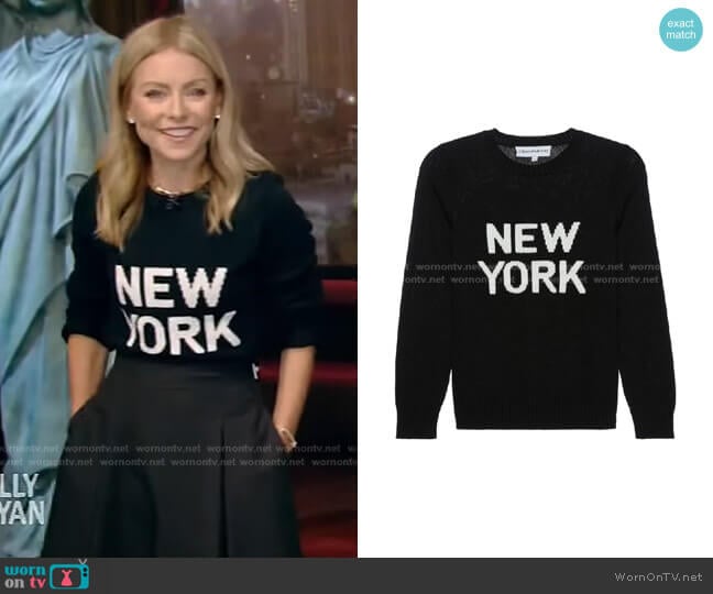 WornOnTV: Kelly’s black New York Print sweater and side belt skirt on ...