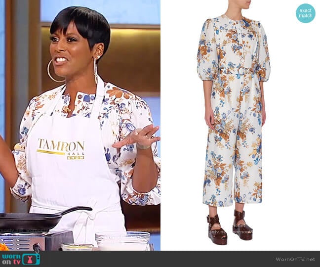 Vacation Capri Floral Puff-Sleeve Jumpsuit by Erdem worn by Tamron Hall on Tamron Hall Show