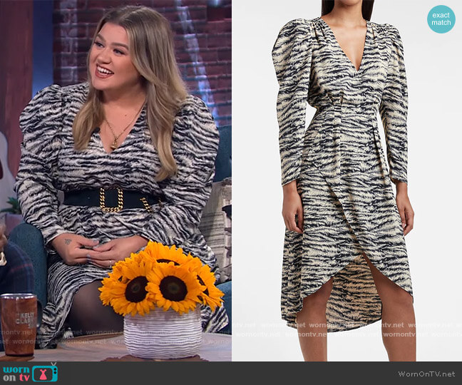 Zebra Print Puff Sleeve Midi Dress by Express worn by Kelly Clarkson on The Kelly Clarkson Show