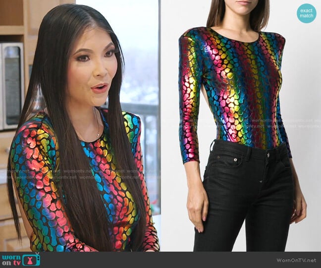 Rainbow Print bodysuit by Faith Connexion worn by Jennie Nguyen on The Real Housewives of Salt Lake City