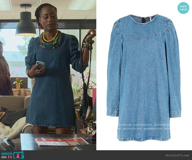 Self Control Denim Minidress by Free People worn by Malika Williams (Zuri Adele) on Good Trouble