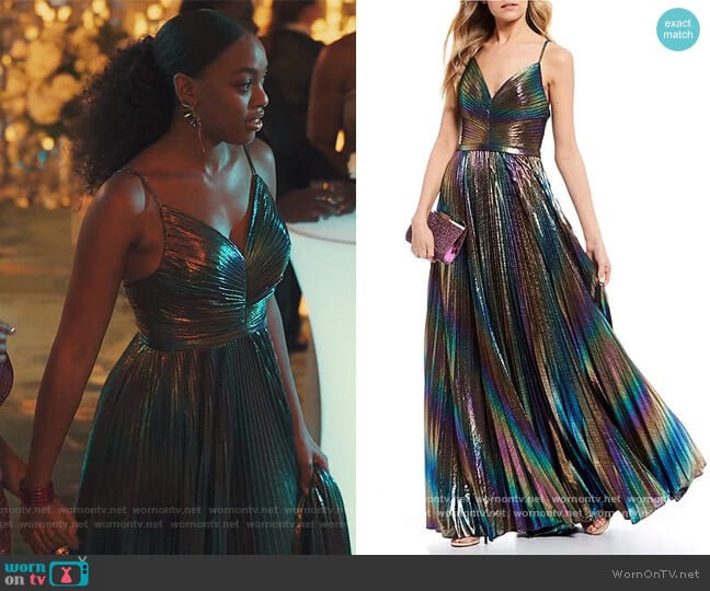 Social Iridescent Pleated Long Dress by GB worn by Nikki Vaughn (Alana Bright) on Our Kind of People