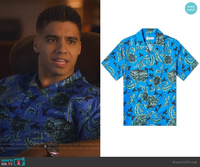 Aqua Floral Print Hawaiin Shirt by Givenchy worn by Vivek Shah (Jordan Buhat) on Grown-ish