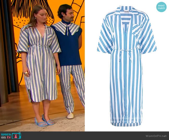 Striped Midi Shirtdress by Ganni worn by Isabelle Chaput on The Drew Barrymore Show