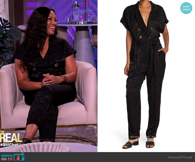 Summer Boss Double Breasted Satin Jumpsuit by Good American worn by Garcelle Beauvais on The Real