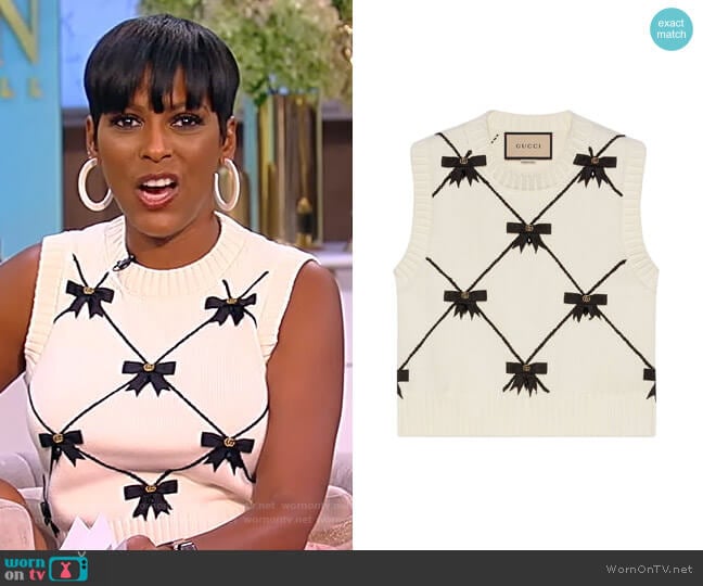 GG Bows knitted sleeveless vest by Gucci worn by Tamron Hall on Tamron Hall Show