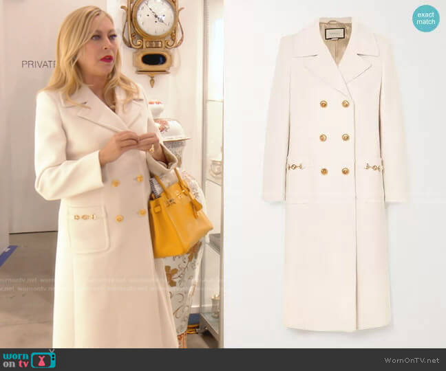 Horsebit-Detailed Double-Breasted Coat by Gucci worn by Sutton Stracke on The Real Housewives of Beverly Hills