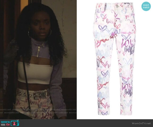 Graffiti Heart-print jeans by Isabel Marant worn by Josie McCoy (Ashleigh Murray) on Riverdale