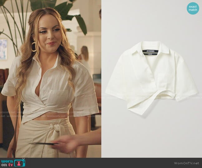 Capri Asymmetric Cropped Cotton-Blend Jacquard Shirt by Jacquemus worn by Fallon Carrington (Elizabeth Gillies) on Dynasty