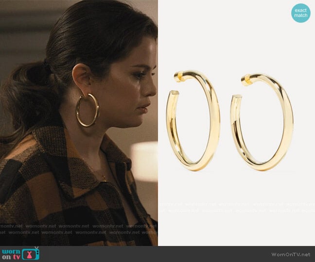 Samira gold-plated hoop earrings by Jennifer Fisher worn by Mabel Mora (Selena Gomez) on Only Murders in the Building