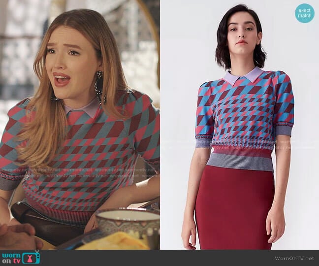 Jenny Collared Knit Pullover by Diane von Furstenberg worn by Kirby Anders (Maddison Brown) on Dynasty