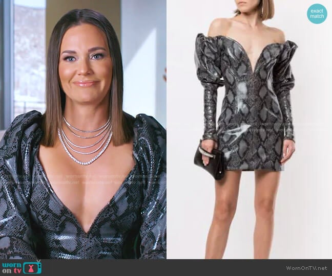 Python-Print Puff-Sleeve Dress by LaQuan Smith worn by Meredith Marks on The Real Housewives of Salt Lake City