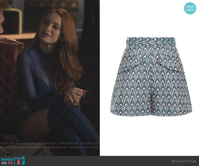 Metallic Jacquard Trapeze Shorts by Maje worn by Cheryl Blossom (Madelaine Petsch) on Riverdale