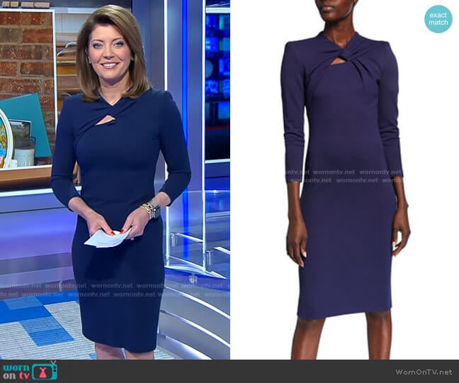 Milano Jersey Knotted-Neck Bodycon Dress by Giorgio Armani worn by Norah O'Donnell on CBS Evening News