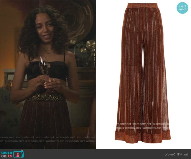 Striped metallic crochet-knit wide-leg pants by Missoni worn by Valerie Brown (Hayley Law) on Riverdale