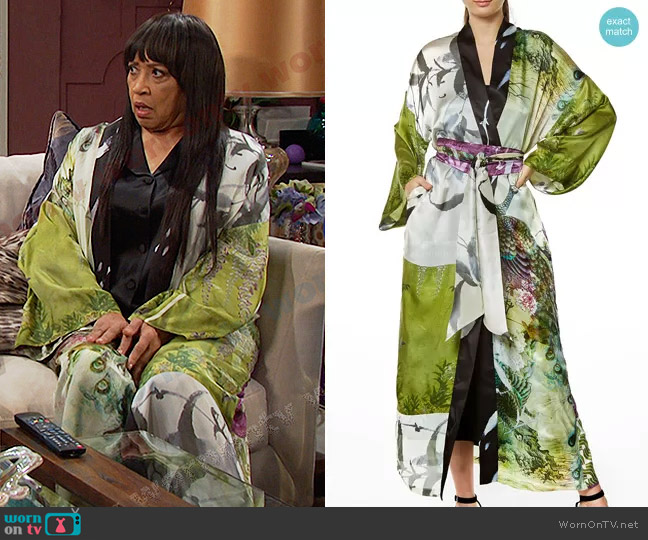 Peacock Gatsby Long Silk Robe by Christine Lingerie worn by Paulina Price (Jackée Harry) on Days of our Lives