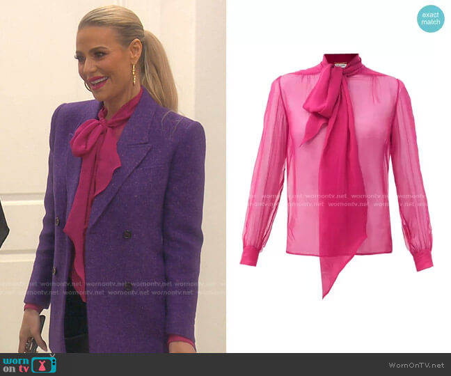 Pussy-Bow Silk-Chiffon Blouse by Saint Laurent worn by Dorit Kemsley on The Real Housewives of Beverly Hills