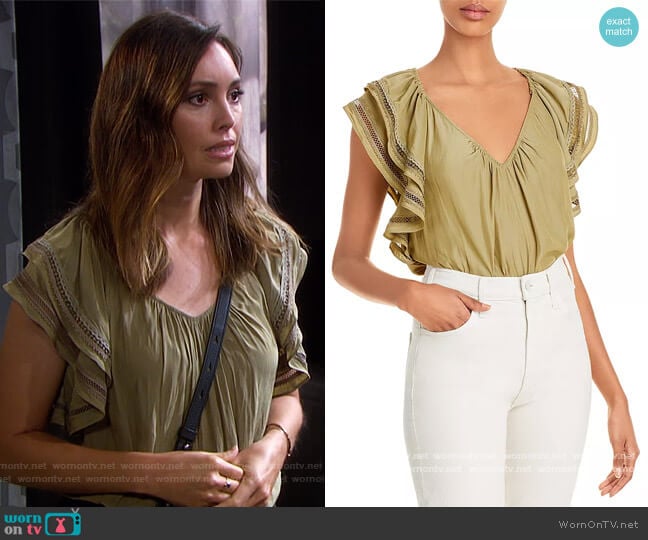 Merrit Flutter Sleeve Top by Ramy Brook worn by Gwen Rizczech (Emily O'Brien) on Days of our Lives