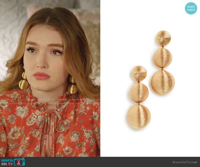 Classic 3 Drop Earrings in Gold by Rebecca De Ravenel worn by Kirby Anders (Maddison Brown) on Dynasty