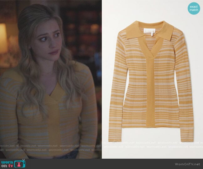 Joy striped ribbed-knit polo shirt by Remain Birger Christensen worn by Betty Cooper (Lili Reinhart) on Riverdale