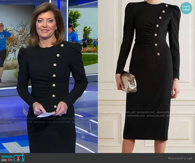 Ruched Embellished Wool-Blend Crepe Midi Dress by Alessandra Rich worn by Norah O'Donnell on CBS Evening News
